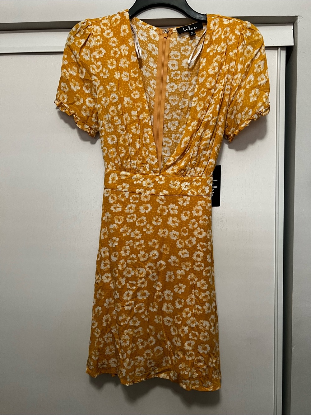 Lulu's Mustard Yellow Floral Wrap Mini Dress